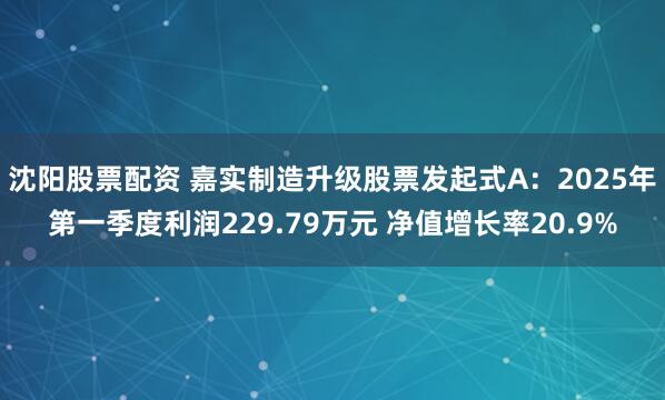 沈阳股票配资 嘉实制造升级股票发起式A：2025年第一季度利润229.79万元 净值增长率20.9%